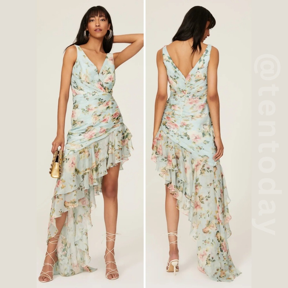 $398 Mac Duggal Size 2 Light Blue Floral Ruched Ruffle High Low Long Gown‎ Dress